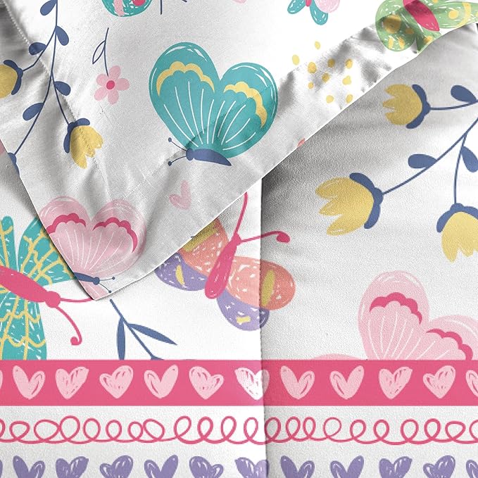 Dream Factory Kids 5-Piece Complete Bed Set Easy-Wash Super Soft Microfiber Comforter Bedding, Twin, Pink Butterfly Garden