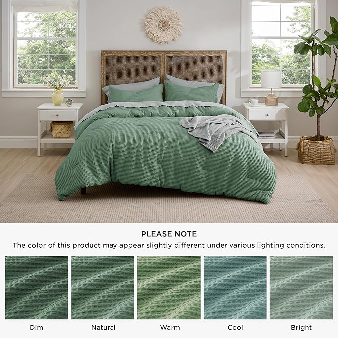 Bedsure Waffle Comforter Set King, Green Soft Bedding, Waffle Weave Bed Set, 3 Pieces, 1 Comforter (104"x90") and 2 Pillow Shams, Cotton Shell and Polyester Lining for All Seasons