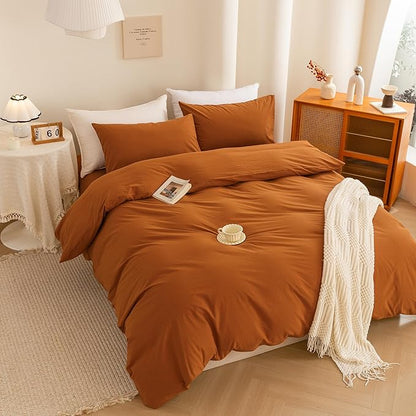 ECOCOTT 100% Washed Cotton Duvet Cover Twin Size – Soft & Breathable Linen Feel Bedding Set, 3 Pieces Orange Comforter Cover with Zipper Closure for All Seasons