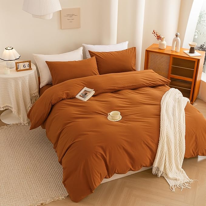 ECOCOTT Orange Duvet Cover King Size, 3 Piece 100% Washed Cotton 1 Duvet Cover with Zipper and 2 Pillowcases, Ultra Soft and Easy Care Breathable Cozy Bedding Set (Orange,King)