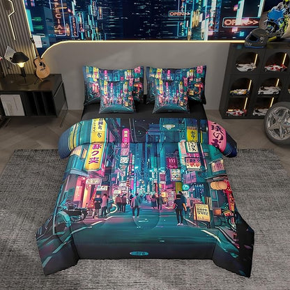 Feelyou Japanese Art Comforter Set 7 Pieces Queen Size Tokyo Anime Bedding Set for Boys Girls Japan Night City Bed in a Bag with Comforter, Sheets, Pillowcases & Cushion Covers