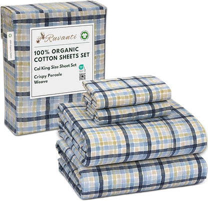 RUVANTI 100% Organic Cotton Sheets California King, Percale Weave, GOTS Certified, 4-Piece Set, Deep Pocket 13", Crisp & Breathable, Soft Durable Bedding, Sábanas Algodón Orgánico – Pastel Print