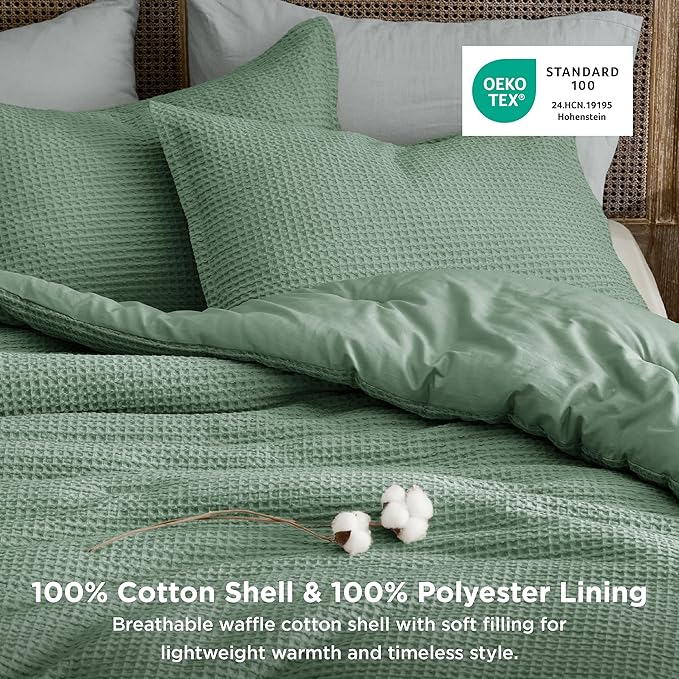 Bedsure Waffle Comforter Set King, Green Soft Bedding, Waffle Weave Bed Set, 3 Pieces, 1 Comforter (104"x90") and 2 Pillow Shams, Cotton Shell and Polyester Lining for All Seasons