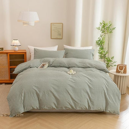 ECOCOTT Green Gingham Duvet Cover King Size 100% Washed Cotton Like Linen Feel Super Soft & Comfy Bedding Set Modern Checkered Design for All Seasons