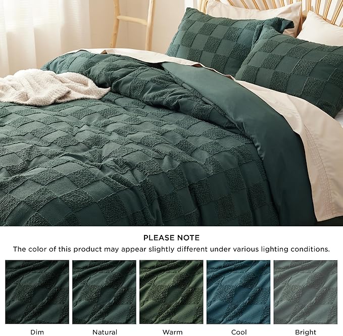 Bedsure Boho Kids Duvet Cover King Size（Duvet Insert/Comforter not Included - Checkered King Duvet Cover for All Seasons, Soft Shabby Chic Boho Bedding (Green, 104" x 90")