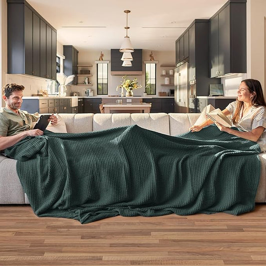 Bedsure Gentlesoft 100% Cotton Blanket King Size for Bed - Breathable and Soft for Spring Summer, Thick Cozy Waffle Weave Blanket Gifts for Women, Dark Green, 104x90 inches