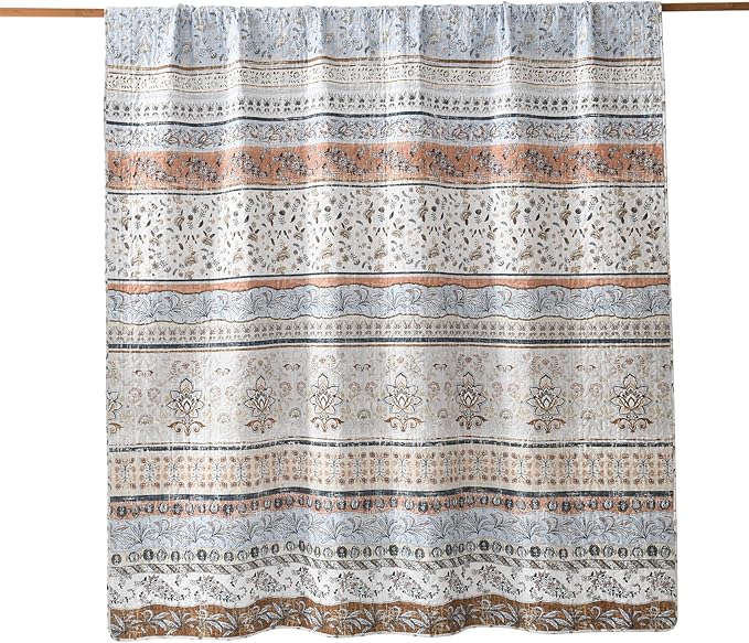 Boho Style King Quilt Set Mocha Brown Bohemian Floral Strip Quilt Beddding Set, Soft and Lightweight Bedspread for All Season, Oversize King Bed Coverlet with 2 Matching Pillow Shams (3 Pieces)
