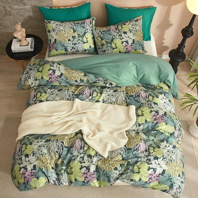 HighBuy Luxury Soft Comforter Set King Size Topical Green Leaves Cottagecore Comforter Set Fluffy Aesthetic Bedding Comforter Modern Style with 2 Pillowcases for Women Men