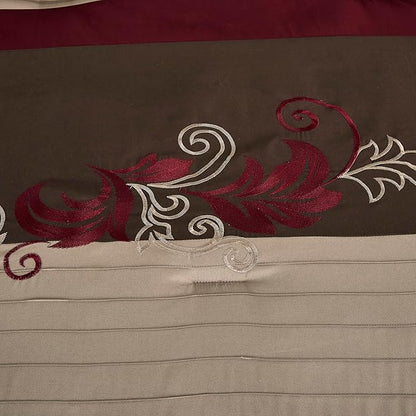 Chezmoi Collection Napa 7-Piece Luxury Leaves Scroll Embroidery Bedding Comforter Set (Queen, Burgundy/Taupe/Brown)