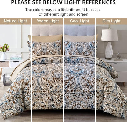 Drucon Brown Paisley Comforter Set Full, 7 Pieces Bed in a Bag Brown Paisley Pattern Comforter Soft Microfiber Bedding Set Full Size with Sheet and Pillowcases for Men Women