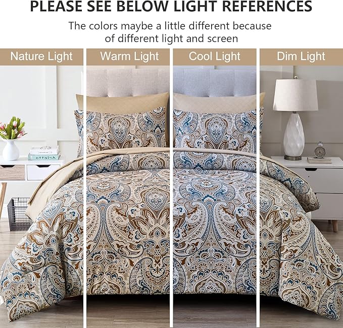 Drucon Brown Paisley Comforter Set Queen, 7 Pieces Bed in a Bag Comforter Boho Paisley Pattern Bedding Soft Microfiber Queen Size Comforter with Sheet & Pillowcase