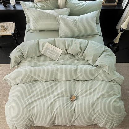 Reversible Duvet Cover Set 100% Washed Cotton Green Stripe Linen Feel Duvet Cover Super Queen Size with Zipper Closure & 2 Pillow Shams, Celadon Green/White Stripe Reverse Solid Celadon Green