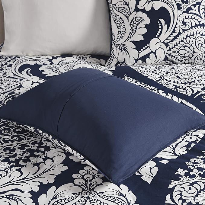 Madison Park Vienna Sateen Cotton Comforter Set, Breathable, Soft Cover, Trendy, All Season Down Alternative Cozy Bedding with Matching Shams, California King, Indigo 7 Piece
