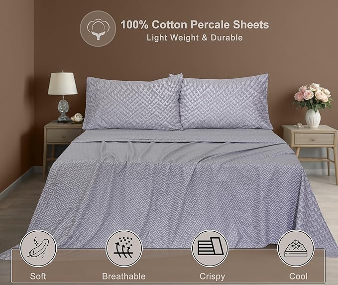 ZOYER 100% Cotton Sheets – Twin XL Size Percale Bedding, Cooling & Breathable, Durable with a Crisp, Soft & Comfortable Feel, 16" Deep Pocket, 3-Piece Set, Daimond Box