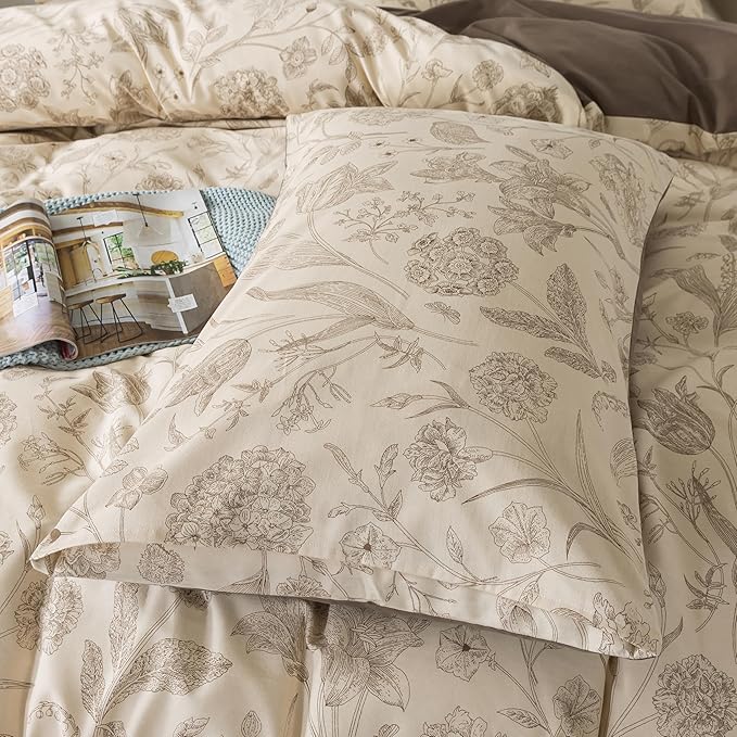 Zusbest 100% Cotton Khaki Floral Pillowcases Standard Size Set of 2, 19''×29'', Queen Size Beige Vintage Toile Floral Printed Reversible Pillow Covers Soft Envelope Queen Pillowcase Protectors