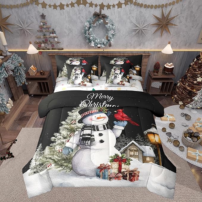 Castle Fairy Xmas Snowman Reversible 7 Pieces Comforter Set,Funny Christmas Trees Bed Sheet Set for Kids Teens Boys,Exotic Bird Winter Cabin Decor Bedding Set with Comforter,Fitted & Flat Sheet,Full
