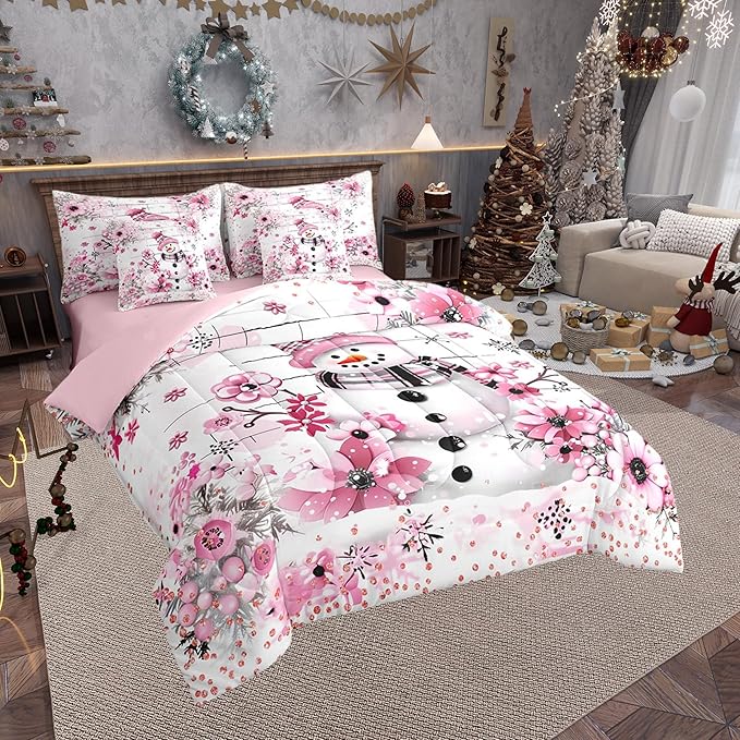 Castle Fairy Watercolor Flowers Comforter Set Bed in a Bag 7 Pieces Full,Merry Christmas Cherry Blossom Bedding Set,Fashion Diamond (Comforter+Fitted+Flat Sheet+2 Pillowcases+2 Throw Pillow Covers)
