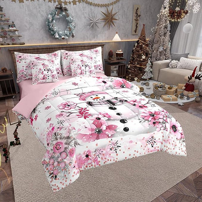 Castle Fairy Watercolor Flowers Comforter Set Bed in a Bag 7 Pieces Full,Merry Christmas Cherry Blossom Bedding Set,Fashion Diamond (Comforter+Fitted+Flat Sheet+2 Pillowcases+2 Throw Pillow Covers)