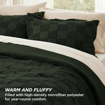 Bedsure Full Size Comforter Set Dark Olive Green, Boho Tufted Bed Set, Checkered Farmhouse Shabby Chic Bedding, 3 Pieces, 1 Plaid Geometric Comforter and 2 Pillow Shams