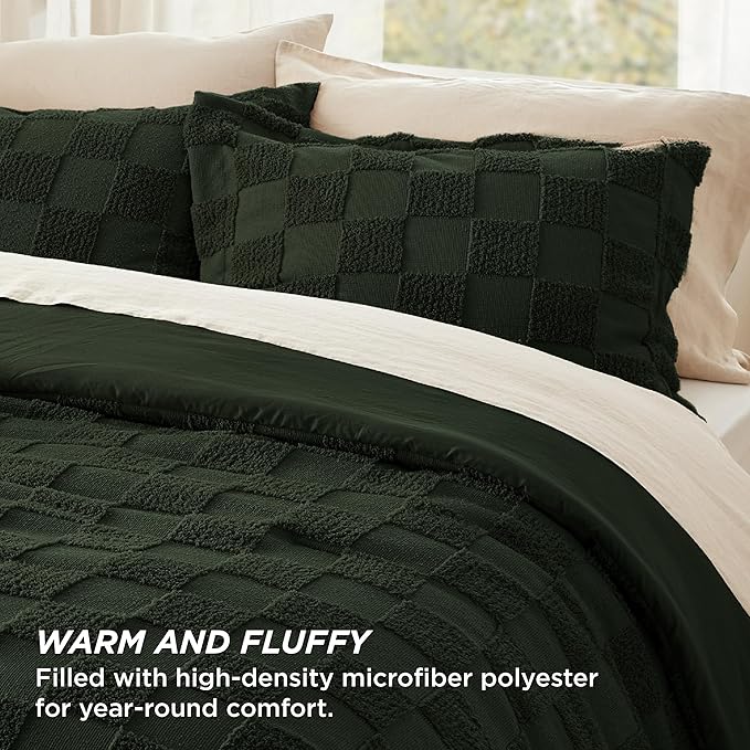 Bedsure King Size Comforter Set Dark Olive Green, Boho Tufted Bed Set, Checkered Farmhouse Shabby Chic Bedding, 3 Pieces, 1 Plaid Geometric Comforter and 2 Pillow Shams