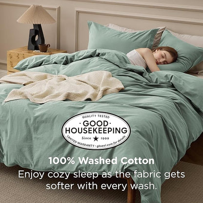 Bedsure 100% Washed Cotton Duvet Cover King Size - Iceberg Green Minimalist Bedding Set Linen Like - PureWoven Plain Simple & Soft Comforter Cover for All Seasons (Iceberg Green, King, 104"x90")