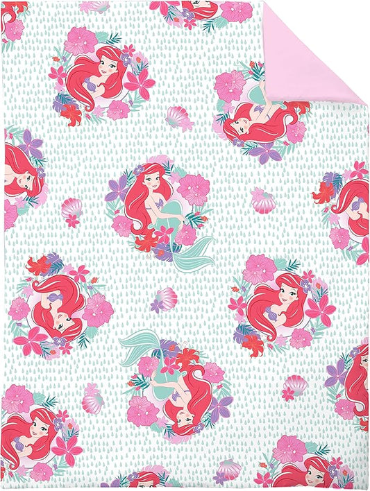 Disney Ariel Sea Garden 4 Piece Toddler Bed Set - Comforter, Fitted Sheet, Flat Top Sheet, Reversible Standard Size Pillowcase, Pink and Aqua