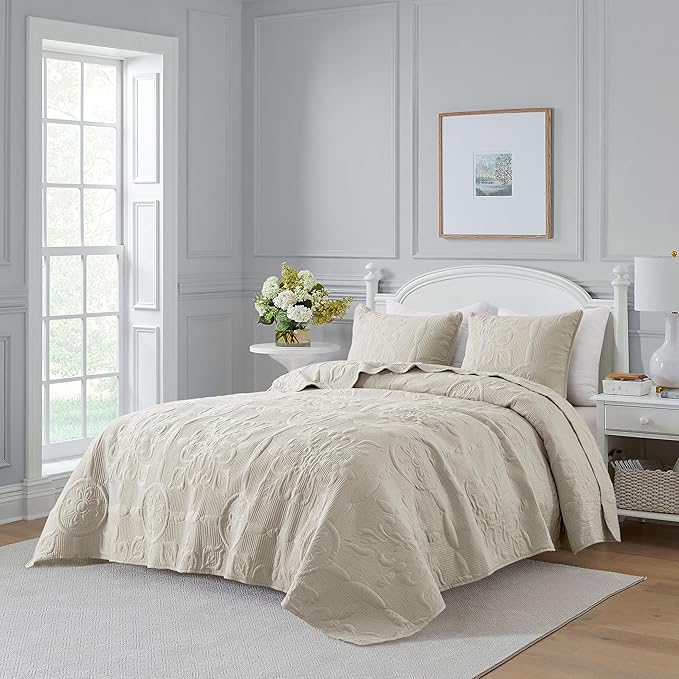 Light Beige Damask Quilt Twin Size Bedding Sets with 1 Pillow Sham, Boho Bedspread Lightweight Soft Farmhouse Vintage Bohemian Coverlet Retro Jacquard Pattern Bed Cover for All Season, 2 Pieces