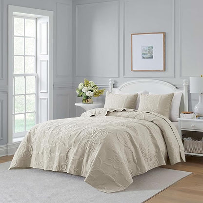 Light Beige Damask Quilt King Size Bedding Sets with 2 Pillow Shams, Boho Bedspread Lightweight Soft Farmhouse Vintage Bohemian Coverlet Retro Jacquard Pattern Bed Cover for All Season, 3 Pieces