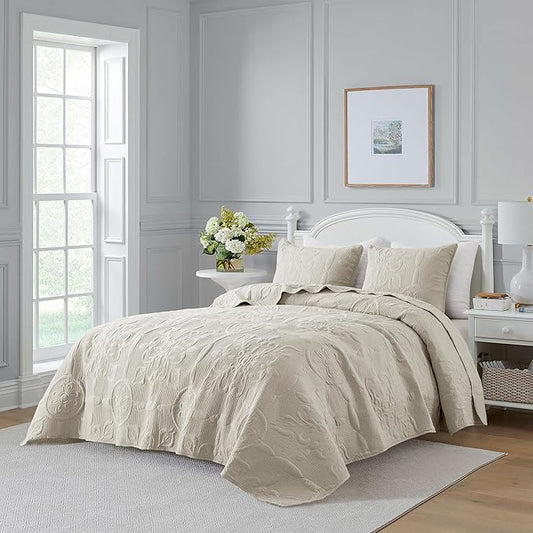 Light Beige Damask Quilt California Cal King Size Bedding Sets with 2 Pillow Shams, Oversized Boho Bedspread Lightweight Soft Farmhouse Vintage Coverlet Jacquard Bed Cover for All Season, 3 Pieces