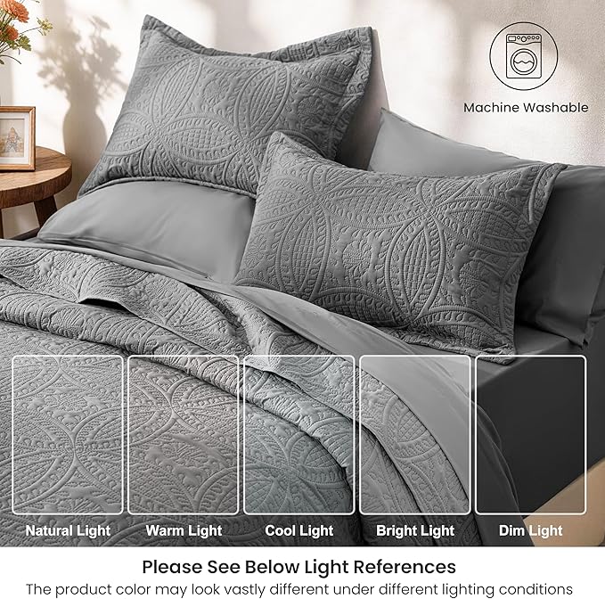 Love's cabin Queen Quilt Set Grey, Bed in a Bag Queen Size Bedding 7 Pieces, Ultrasonic Embossed Coin Pattern Comforter, Lightweight Bedspreads for All Seasons Quilt with Sheets, Pillowcases & Shams