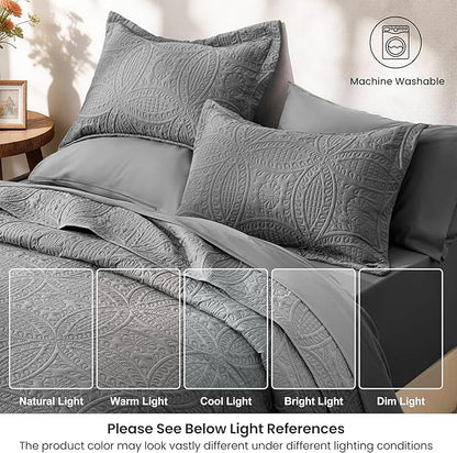Love's cabin Queen Quilt Set Grey, Bed in a Bag Queen Size Bedding 7 Pieces, Ultrasonic Embossed Coin Pattern Comforter, Lightweight Bedspreads for All Seasons Quilt with Sheets, Pillowcases & Shams