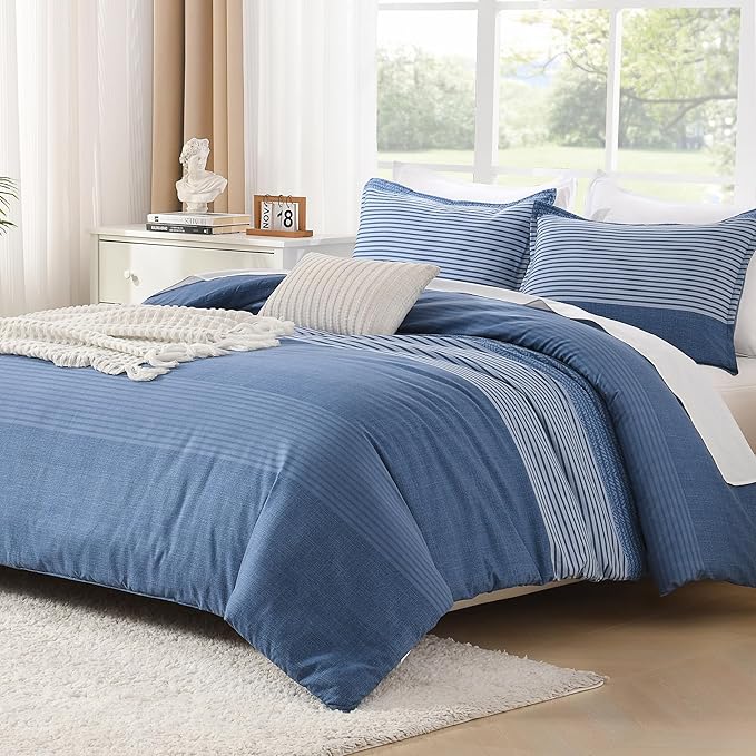 Litanika Comforter Set Queen Size Sapphire Blue - 3 Pieces Lightweight Sapphire Blue White Colorblock Stripe Fluffy Bedding Comforter Sets, All Season Bed Set