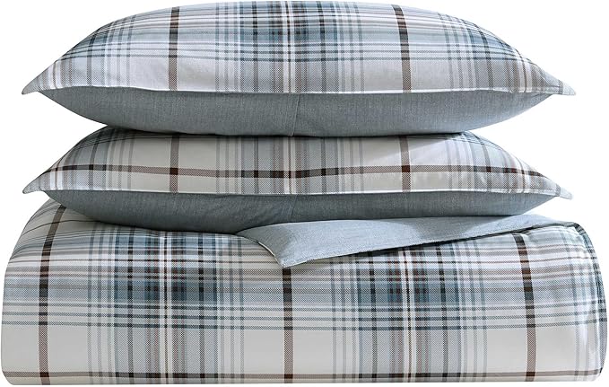 Eddie Bauer - Queen Comforter Set, Crisp & Tailored Cotton Percale Reversible Bedding, Lightweight 3 Piece Bed Set with Matching Pillowcases (Alder Blue/Grey)