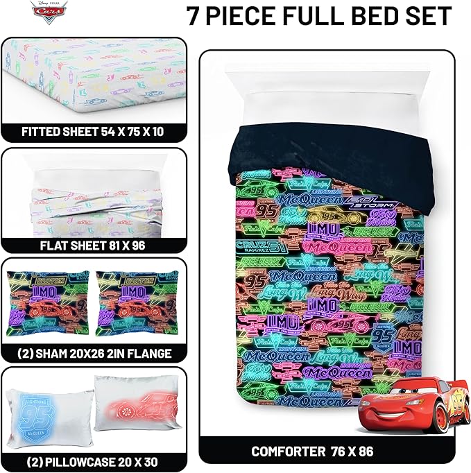 Jay Franco Kids Comforter Set Includes Sheets and Pillow Covers - Soft and Cozy Bed Set for Stylish Room Decor, Black - Cars, 7 Piece Full Bedding
