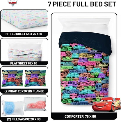 Jay Franco Kids Comforter Set Includes Sheets and Pillow Covers - Soft and Cozy Bed Set for Stylish Room Decor, Black - Cars, 7 Piece Full Bedding