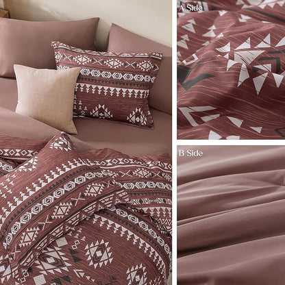 Geniospin Queen Comforter Set - 7 Pieces Bedding Set, Boho Bed in A Bag, Lightweight Soft Aztec Bedding, All Season Bed Comforter Set with Sheets, Pillowcases & Shams