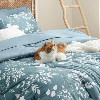 Bedsure Queen Comforter Set - 7 Pieces Floral Mineral Blue Soft Bedding Sets, Queen Bed in a Bag with Botanical Flowers Comforter, Sheets, Pillowcases & Shams