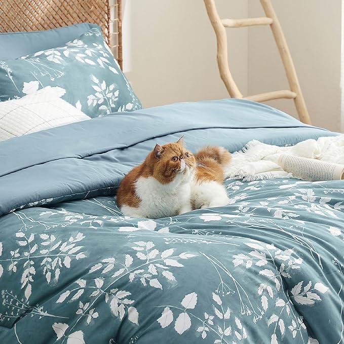 Bedsure Full Size Comforter Set - 7 Pieces Floral Mineral Blue Soft Bedding Sets, Full Bed in a Bag with Botanical Flowers Comforter, Sheets, Pillowcases & Shams