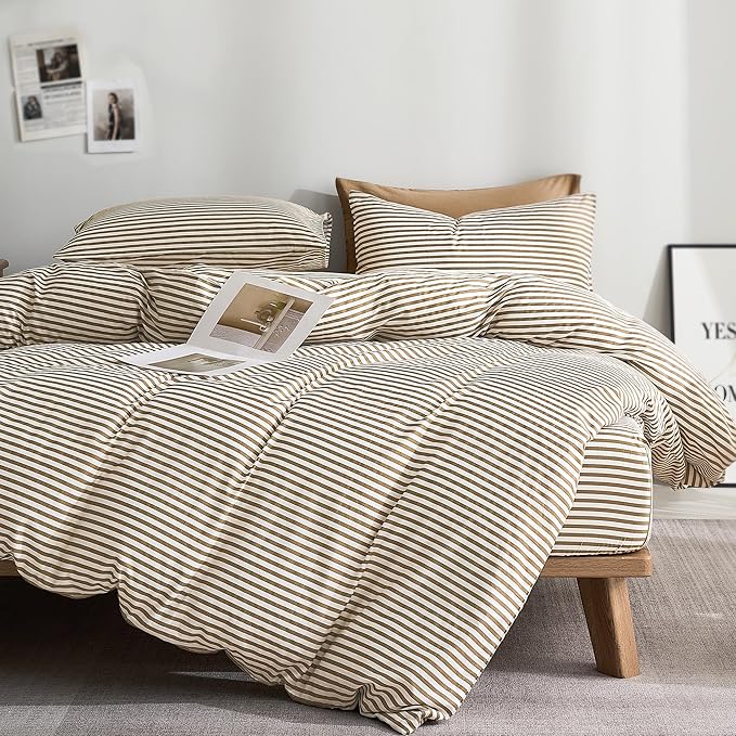 JELLYMONI 100% Natural Cotton 2pcs Striped Duvet Cover Sets,White Duvet Cover with Khaki Stripes Pattern Printed Comforter Cover,with Zipper Closure & Corner Ties(Twin Size)