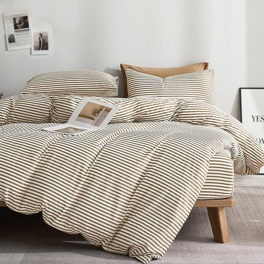 JELLYMONI 100% Natural Cotton 3pcs Striped Duvet Cover Sets,White with Khaki Stripes Pattern Printed Comforter Cover,with Zipper Closure & Corner Ties(King Size)