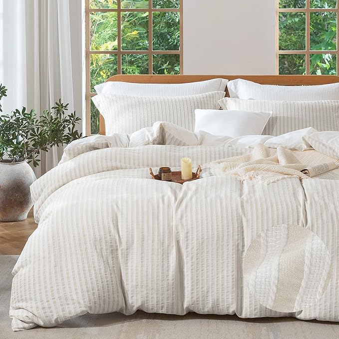 MILDLY Linen Grey Striped Duvet Cover - 100% Washed Cotton Jacquard Boho Textured Comforter Cover 2pcs with Corner Ties Zipper Closure 68"x90"