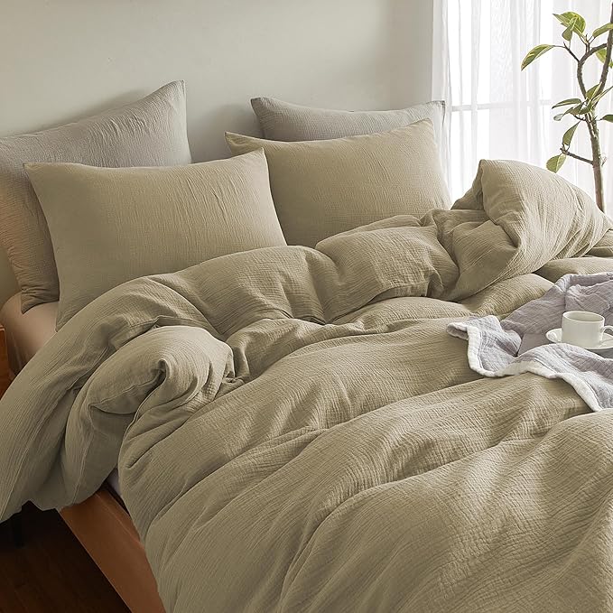 SE SOFTEXLY Muslin Duvet Cover Queen Size, 100% Washed Cotton Duvet Cover Set, Ultra Soft Comforter Cover Linen Like, 3 Pieces Minimalist Gauze Duvet Cover with 2 Pillowcases, 90"x90", Oatmeal