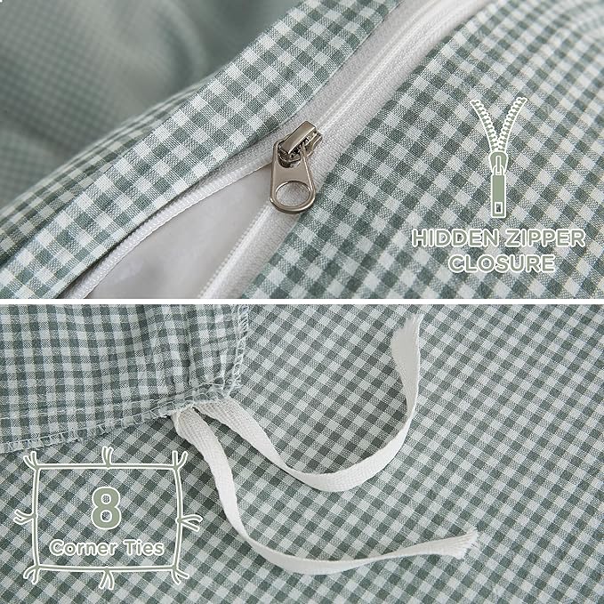 TOCOMOA Mini Gingham Green Duvet Cover Bedding Set 100% Washed Cotton Like Linen Feel Super Soft Comfortable 3 Piece Small Plaid Checkered Comforter Cover Set (King 104"x90", Comforter Not Included)