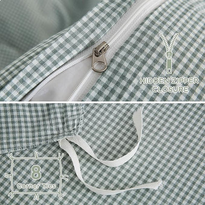 TOCOMOA Mini Gingham Green Duvet Cover Bedding Set 100% Washed Cotton Like Linen Feel Super Soft Comfortable 3 Piece Small Plaid Checkered Comforter Cover Set (King 104"x90", Comforter Not Included)