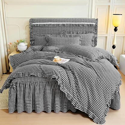LifeTB Black Gingham Comforter Set Full Size Ruffle Plaid Checkered Pattern Comforter Farmhouse Plaid Gingham Bedding Comforter Set with 2 Pillowcases Luxury Soft Fluffy Grid Bedding Set Full Size