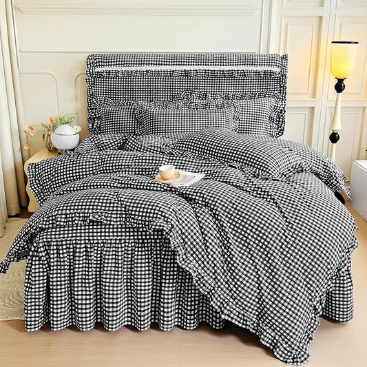 LifeTB Queen Comforter Set Black Gingham Comforter Vintage Ruffle Checkered Pattern Comforter Set Boho Grid Plaid Bedding Comforter Fluffy Soft Chic Gingham Bedding Set Queen Size for All Season