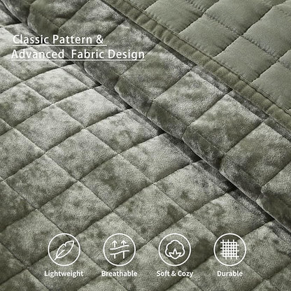 LEAONME Velvet Quilt King Size-98''x106'', Lightweight Olive Green Velvet Comforter Set with 2 Pillow Shams, Soft Bedspread Coverlet Quilted Bedding Set for All Season