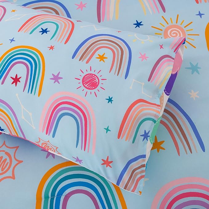 Btargot Lightweight Soft 3 Piece Rainbow Comforter Set with 2 Pillow Covers, Cartoon Love Hearts Suns and Stars Bedding Set for Girls Boys Kids, Twin Light Blue