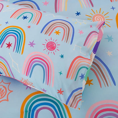 Btargot Lightweight Soft 3 Piece Rainbow Comforter Set with 2 Pillow Covers, Cartoon Love Hearts Suns and Stars Bedding Set for Girls Boys Kids, Twin Light Blue