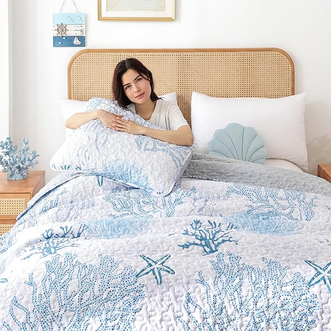 weigelia Coastal Quilts Bedding Set Queen Size - Blue Summer Nautical Bedding Quilt with Pillow Cases, Beach Reversible Quilt Set Bedspreads Coverlet Soft Lightweight Comforter